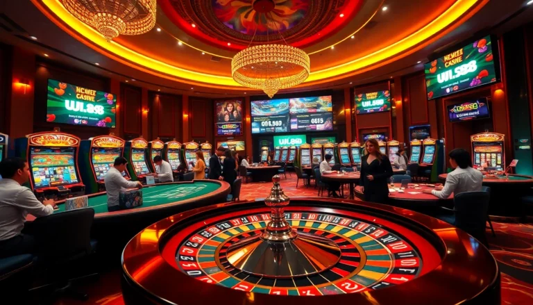 Experience the thrill at nhà cái UU88 with players engaged at roulette, poker tables, and slot machines.