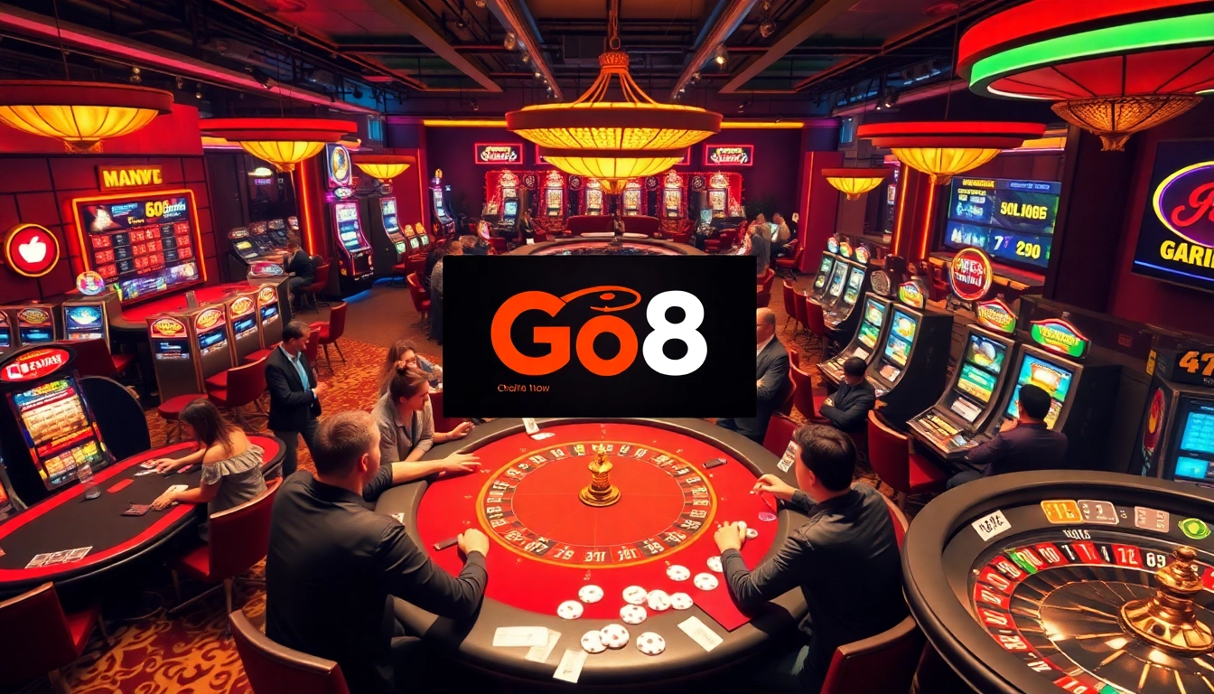 Experience the thrill of "Go8 chính thức" with players at a lively casino, engaging at poker tables and slot machines.