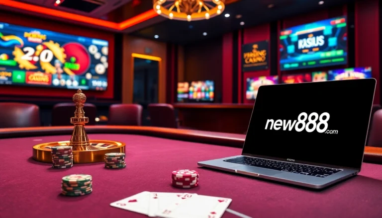 Gamble confidently with new88 com at a stylish online poker table illuminated by vibrant gaming lights.