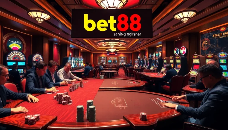 Engage in classic casino excitement with bet88 đăng nhập prominently displayed on digital boards amidst thrilling table games.