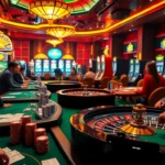 Kuwin's premier casino experience: Gamblers engaging at poker and roulette tables.
