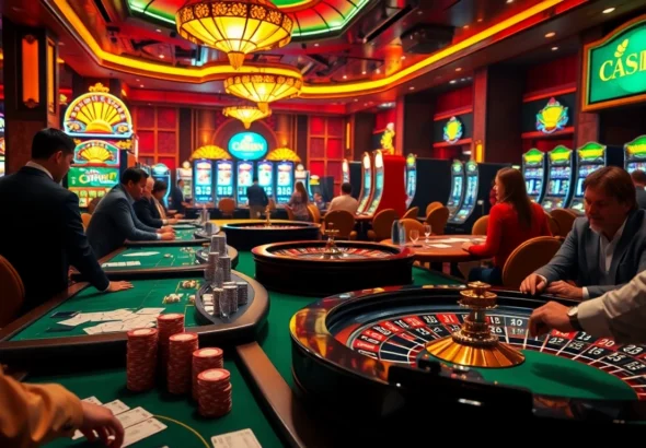 Kuwin's premier casino experience: Gamblers engaging at poker and roulette tables.