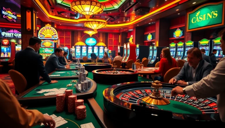 Kuwin's premier casino experience: Gamblers engaging at poker and roulette tables.
